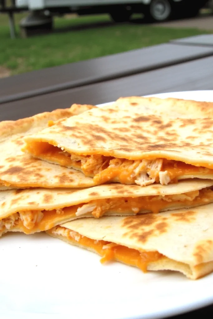 Cheesy chicken quesadilla with crispy golden tortillas served on a plate, outdoor picnic table in background.