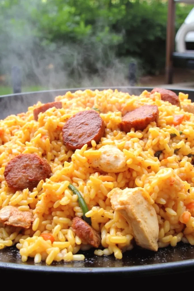 Steaming plate of paella with chicken, sausage, and vegetables, served outdoors.