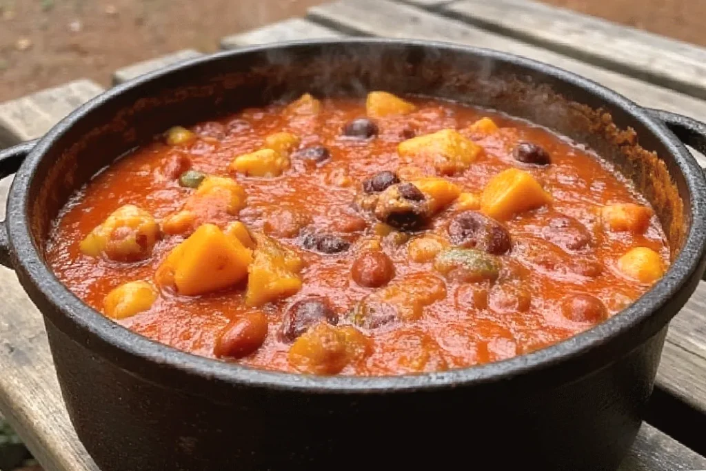 Hearty vegetable stew with beans simmering in a black pot outdoors on a wooden surface.