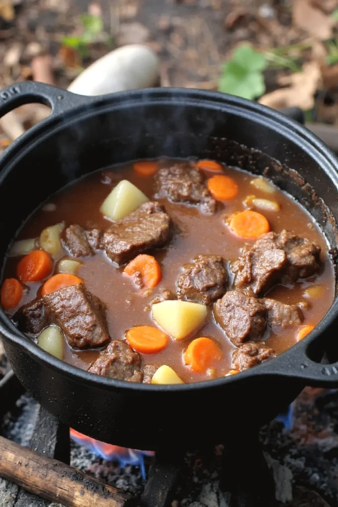 Hearty beef stew with carrots and potatoes simmering in a black pot, perfect for a cozy meal.