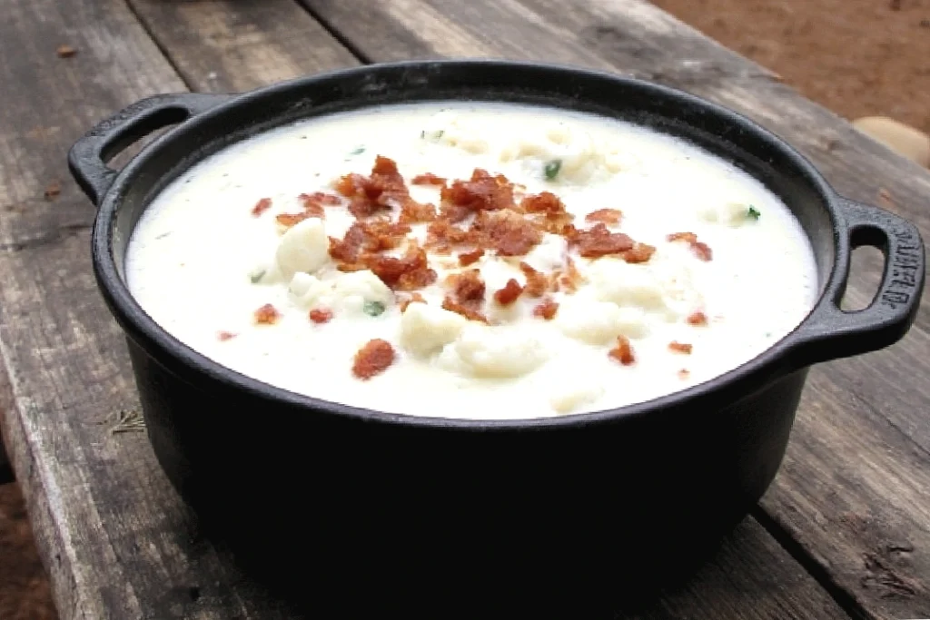Creamy potato soup in a black pot, topped with crispy bacon, on a rustic wooden surface.