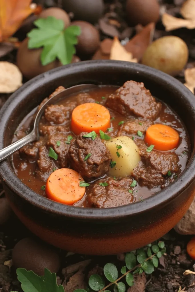 Hearty beef stew with carrots, potatoes, and herbs in a rustic bowl, perfect for cozy meals.