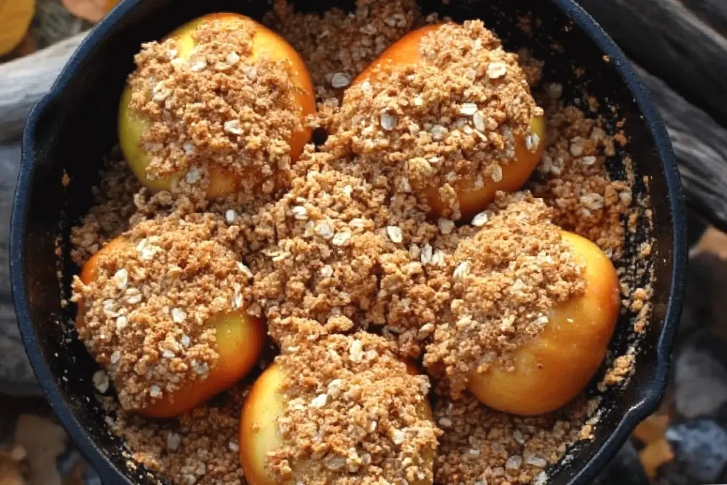 Baked apples in cast iron skillet topped with crunchy oat crumble, perfect for a cozy dessert.