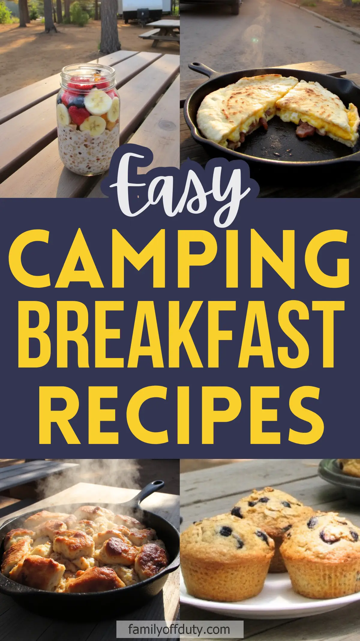 Easy camping breakfast recipes with oatmeal, omelette, biscuits, and muffins in a scenic outdoor campsite setting.