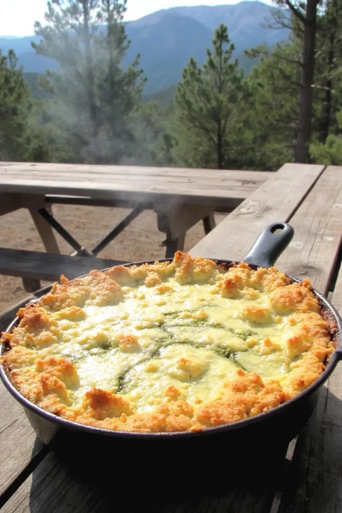 Hot skillet of cheesy cornbread sitting on a wooden picnic table with a scenic mountain view in the background.