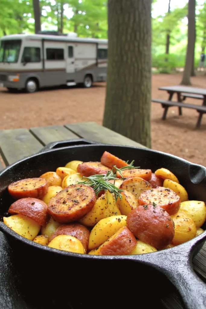 Skillet of roasted potatoes and sausage with herbs on picnic table in forest campsite with RV.