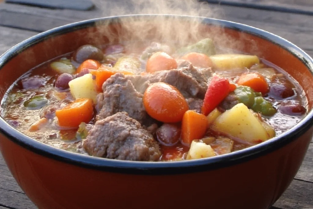 Steaming hot beef stew with vegetables in an orange bowl, perfect for a hearty and comforting meal.