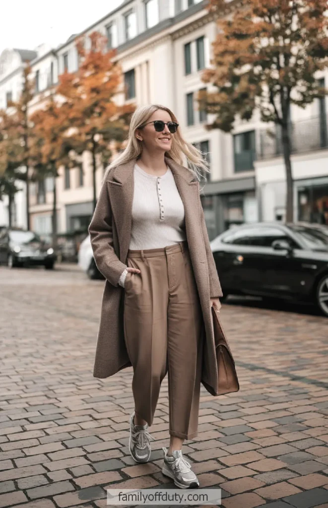 Stylish woman in autumn outfit walking on cobblestone street with fall foliage in background.