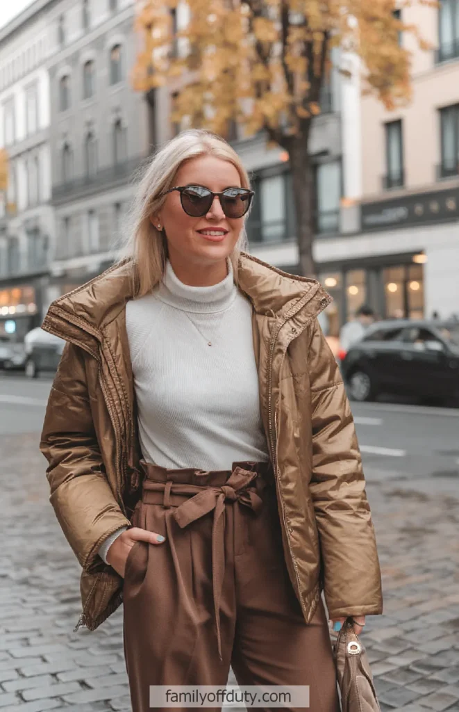 Stylish woman in urban fall fashion with sunglasses, brown jacket, and high-waisted pants on a city street.