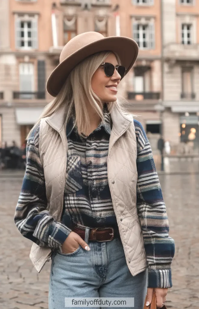 Fashionable woman in hat and plaid shirt, smiling outdoors in the city.
