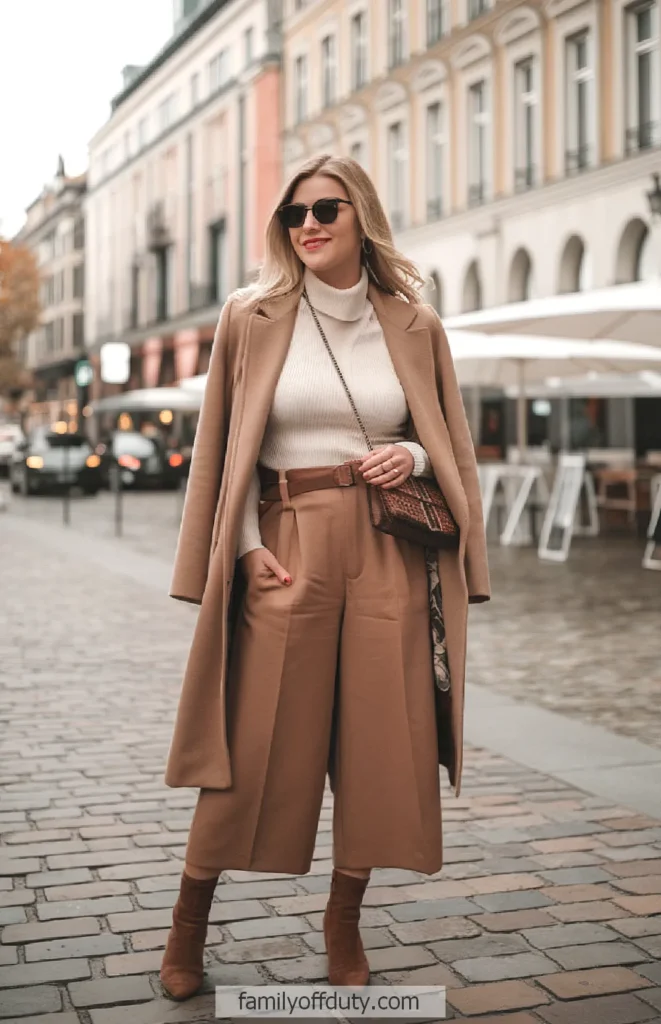 Fashionable woman in brown coat and culottes, walking in city street, wearing sunglasses and smiling.