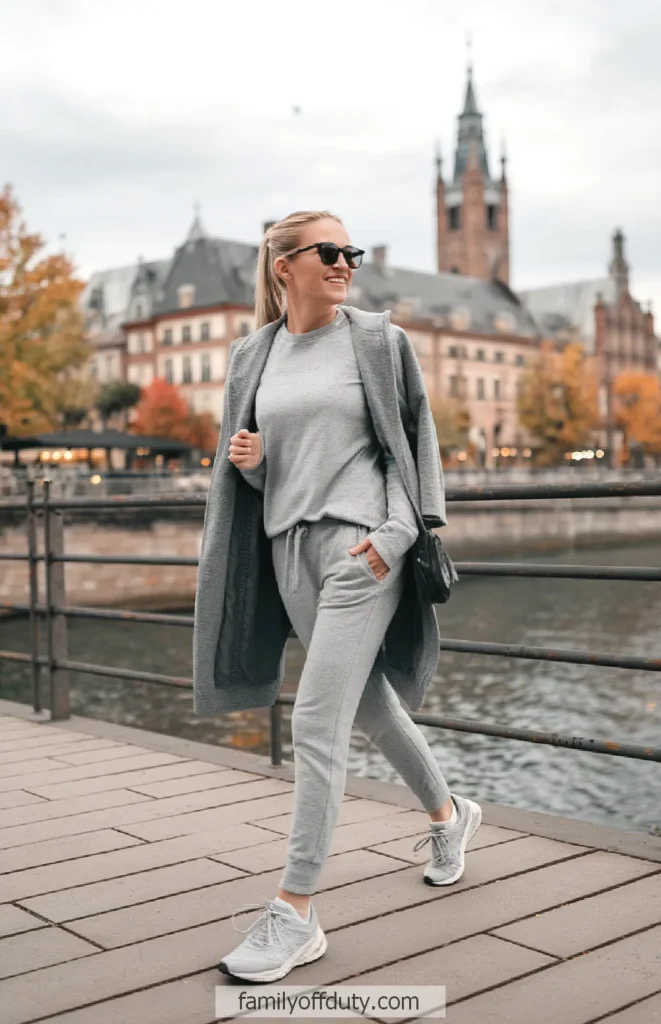 Woman in gray outfit strolling by river with autumn trees and old buildings in the background.