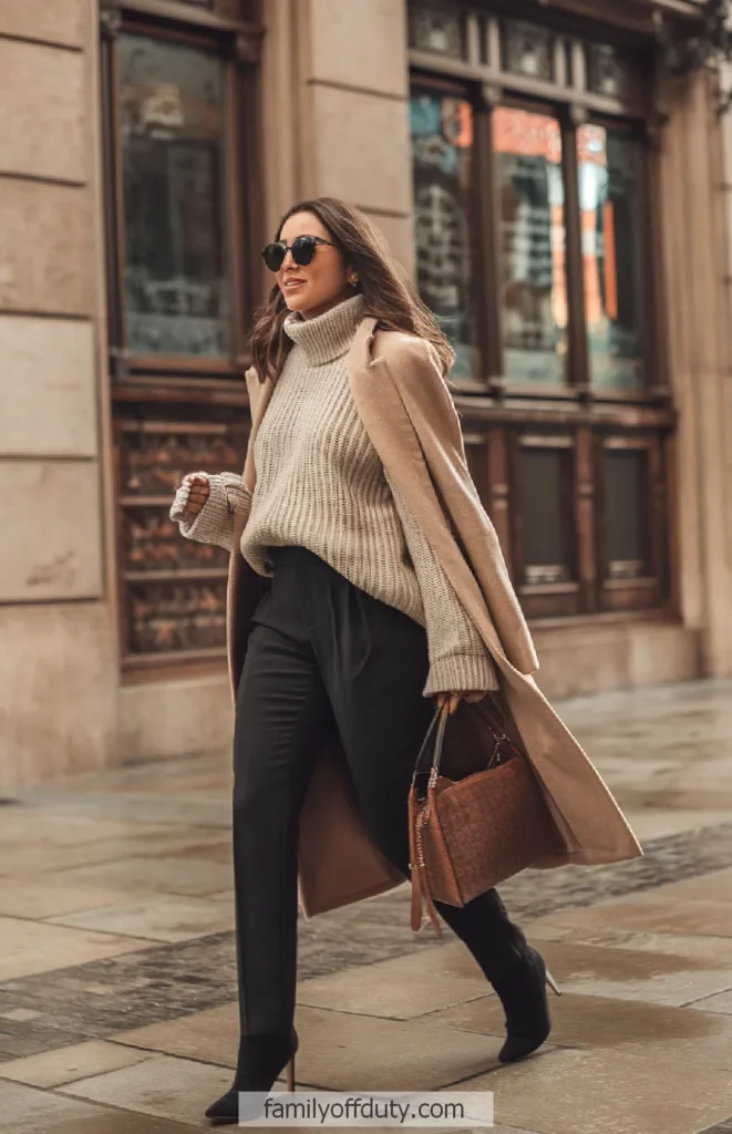 Stylish woman in cozy winter outfit walking with confidence in city street.
