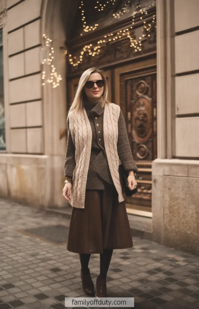 Stylish woman in winter fashion, oversized sweater and wool skirt, walking in a festive, decorated city street.