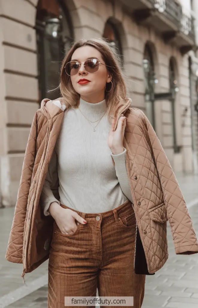 Fashionable woman in brown quilted jacket and sunglasses walking in city street.