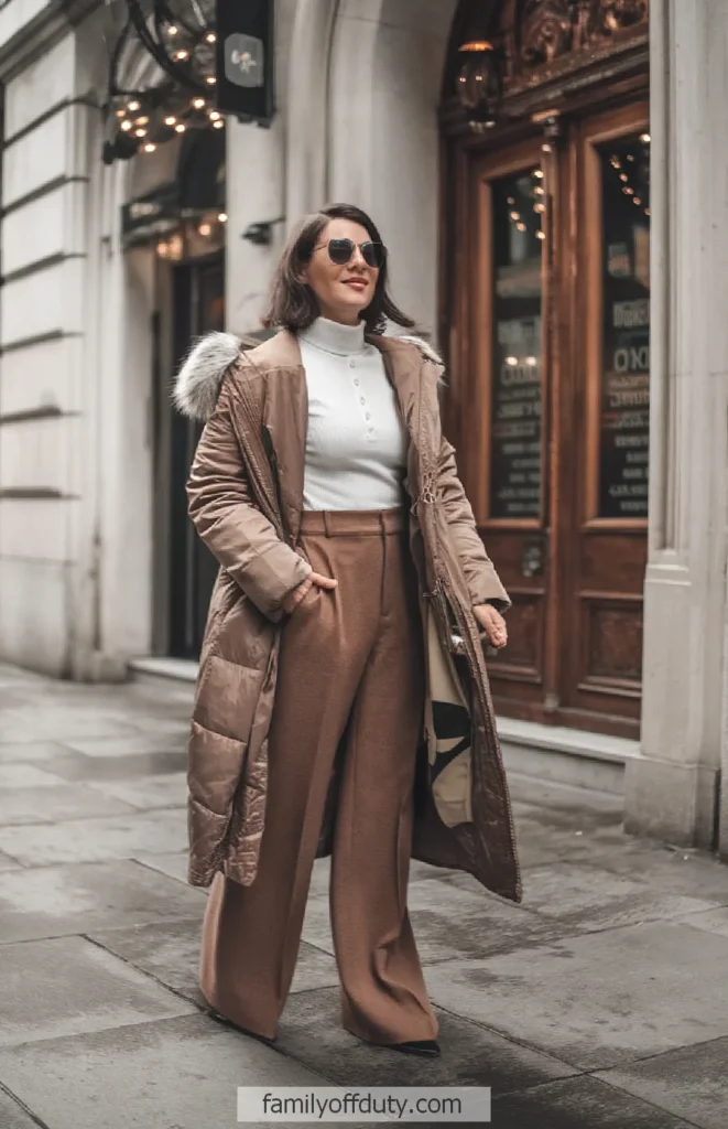 Fashionable woman in winter coat and trousers walking confidently on city street.