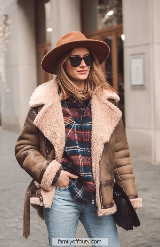 Woman in stylish brown coat and hat, wearing sunglasses, strolls in city. Cozy winter fashion.
