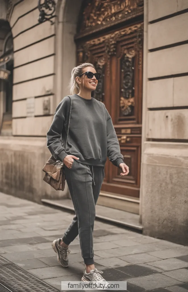 Woman walking in city street wearing stylish gray tracksuit and sunglasses, historic wooden door in background.