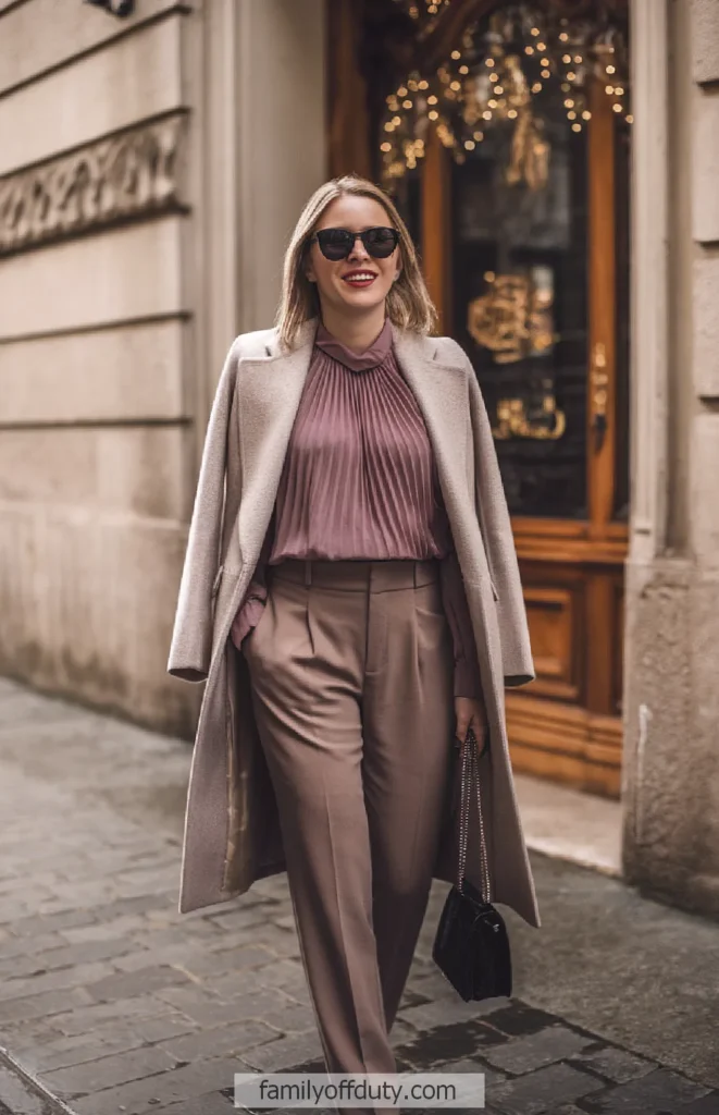 Stylish woman in a chic winter outfit walking down a city street, wearing sunglasses and carrying a handbag.