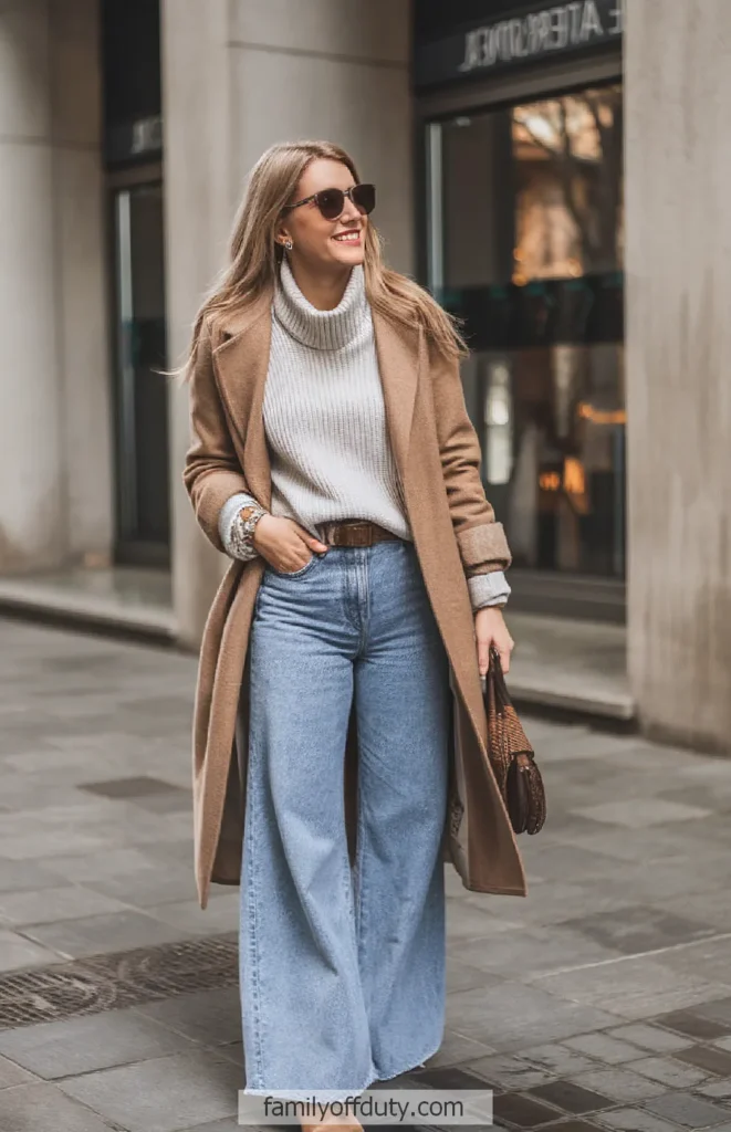 Woman in stylish coat and wide-leg jeans, smiling and walking on city street, wearing sunglasses and holding a bag.