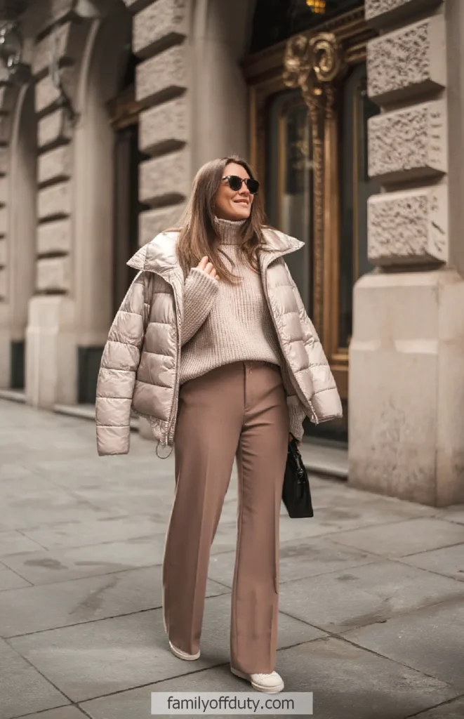 Woman in stylish beige outfit and sunglasses walking on city sidewalk.
