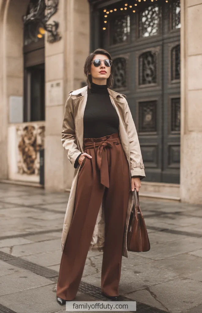 Stylish woman in trench coat and sunglasses, standing on a city street, exuding modern elegance.