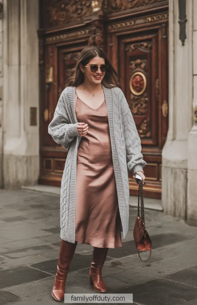 Woman in a stylish outfit with a pink dress and gray cardigan, street fashion photography.