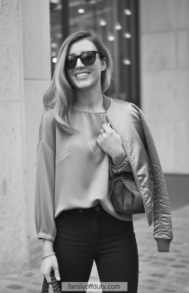 Fashionable woman in sunglasses and casual attire smiling outdoors in black and white.