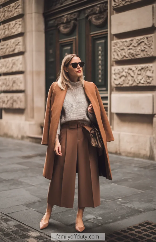 Stylish woman in a brown coat and culottes walking in the city wearing sunglasses and a grey sweater.