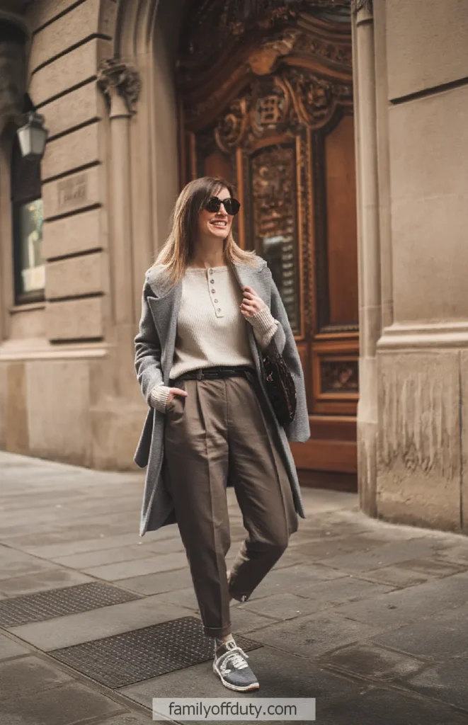 Stylish woman in gray coat and sunglasses walking down a city street, smiling confidently.