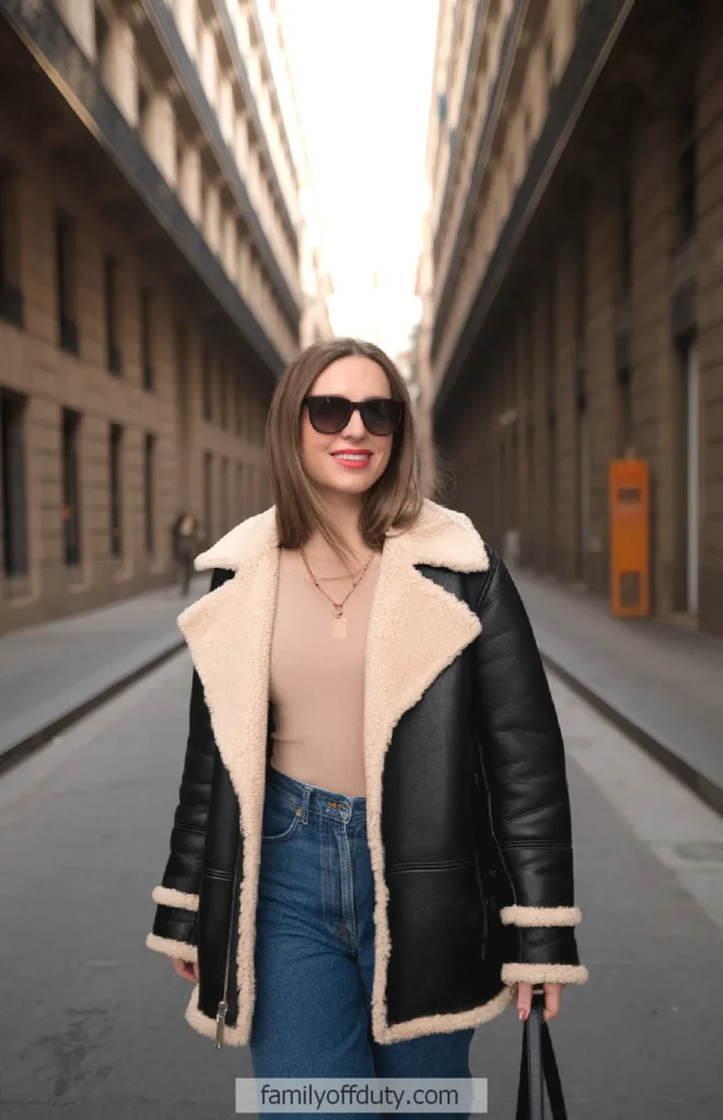 Woman in stylish shearling coat and sunglasses walking down a city street.