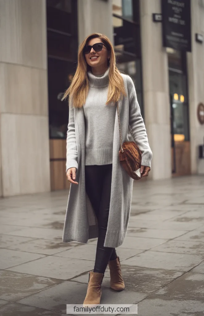Barcelona winter outfit ideas. Stylish woman in gray coat and boots walking on city street, holding a brown handbag.