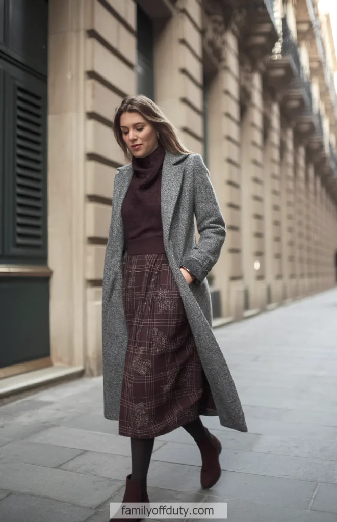 Woman in gray coat and plaid skirt walking on a city street, showcasing autumn fashion style.