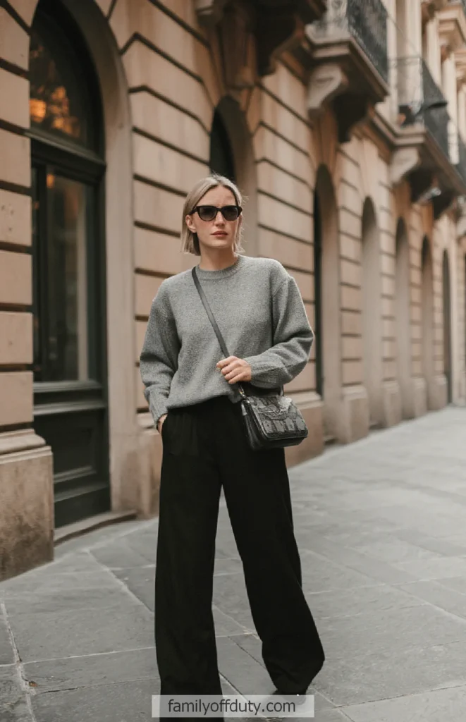 Chic woman in gray sweater and black pants with sunglasses, walking on city street. Fashionable urban outfit.