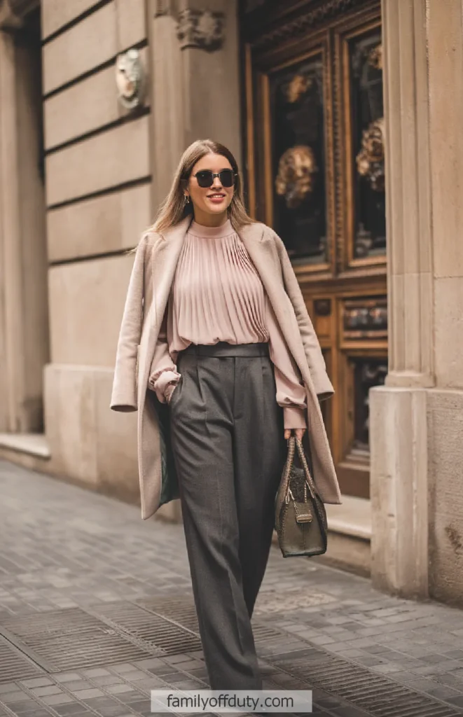 Woman in chic fall outfit walking down a city street, wearing sunglasses and holding a handbag.
