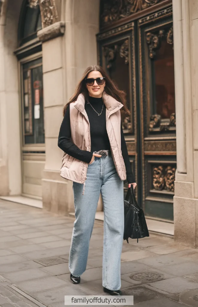 Stylish woman in sunglasses, jacket, and jeans walking confidently on urban street.