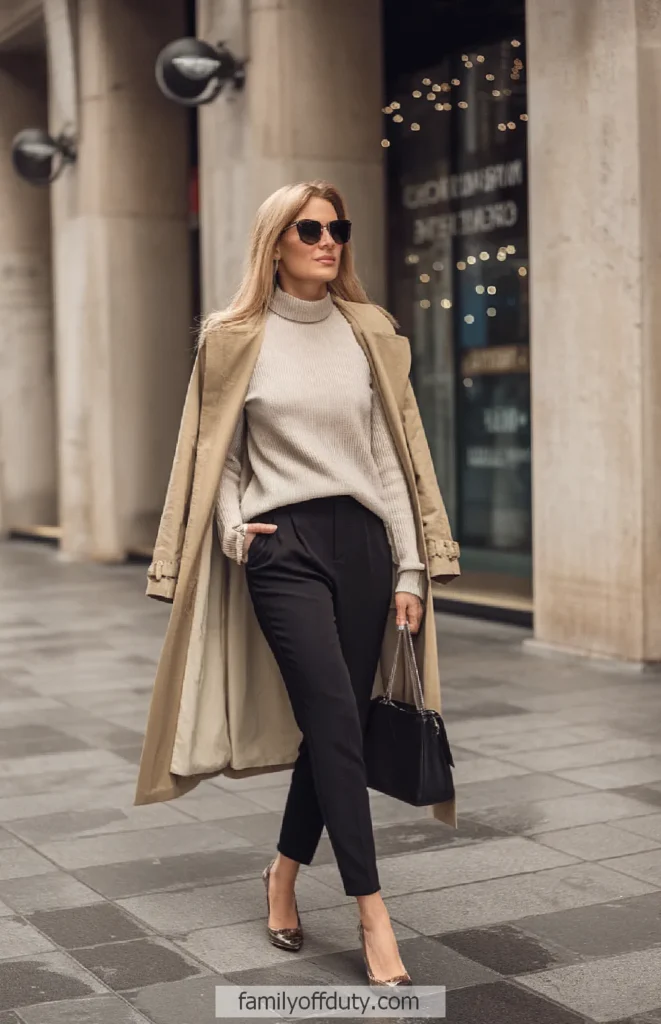 Woman in stylish beige coat and sunglasses walks confidently on city street.