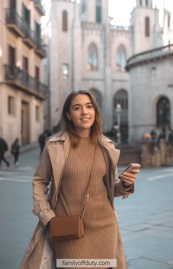 Woman in trench coat smiling and holding a phone on a historic European street background.