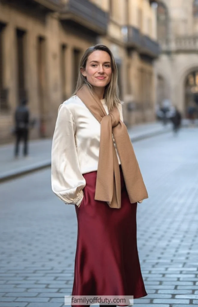 Woman in elegant outfit standing on a city street, wearing a silk blouse, scarf, and flowing skirt.