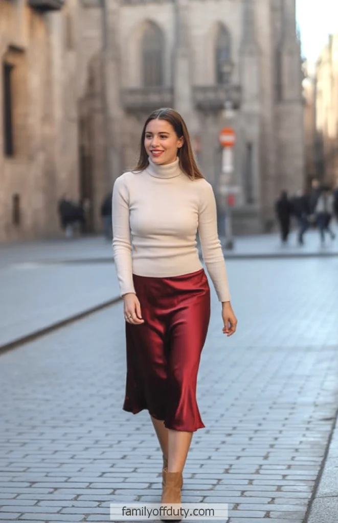 Smiling woman in beige turtleneck and red skirt walking on a cobblestone street.