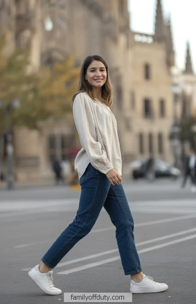 Smiling woman in casual outfit walking outdoors in urban setting with blurred background of historic architecture.