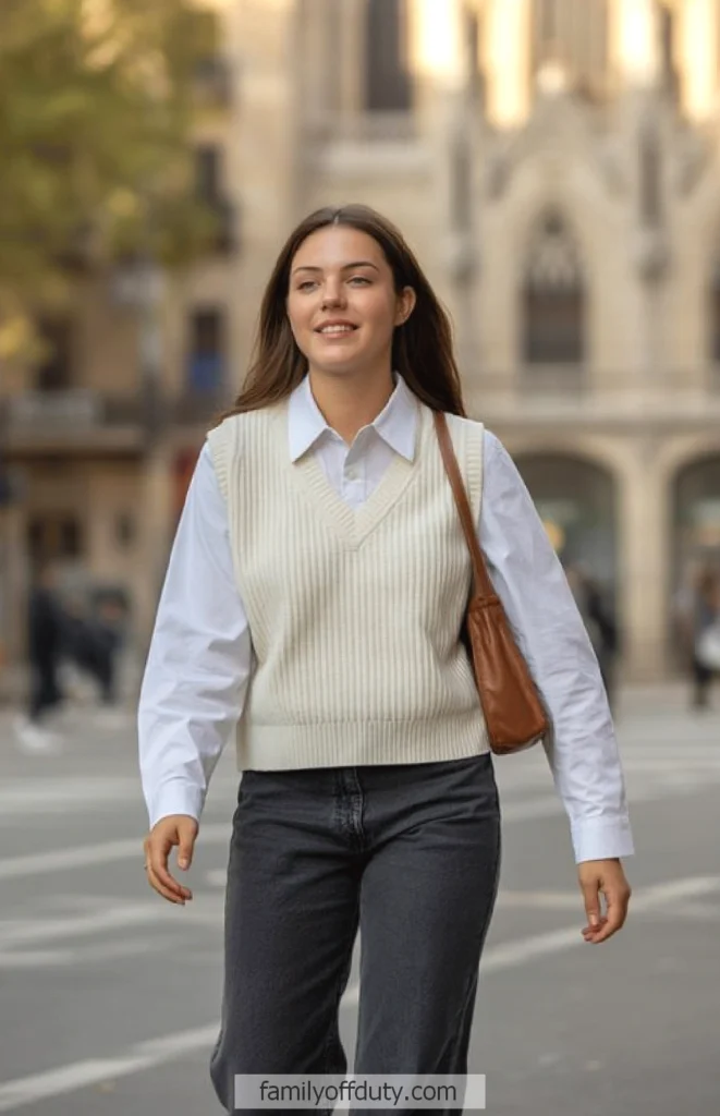 Woman in casual outfit smiling while walking on city street.