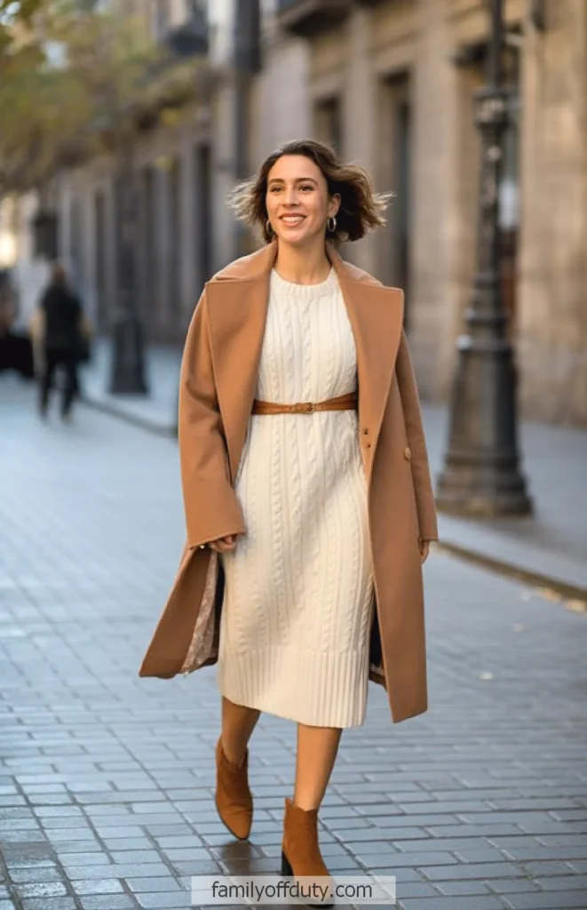 Woman in stylish fall outfit walking confidently on a city street.
