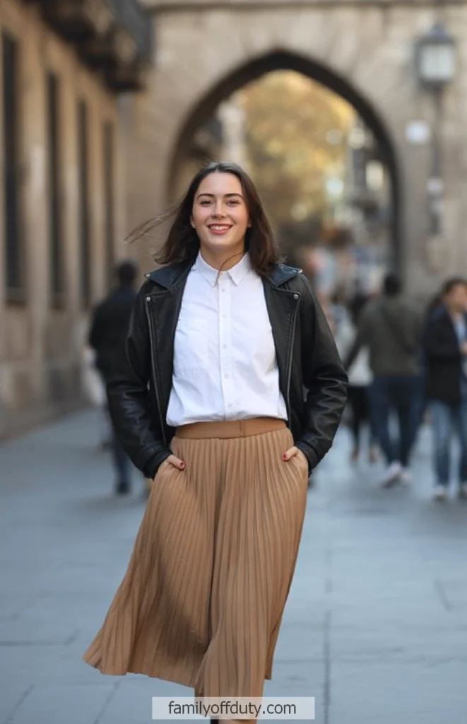 Young woman in a leather jacket and pleated skirt smiling and walking in a city street.