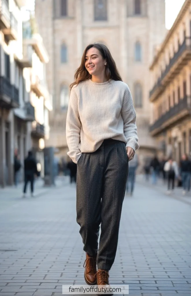 Young woman in casual fall attire walking confidently on city street, showcasing cozy fashion trends.
