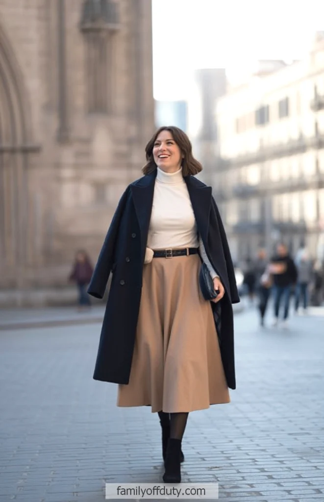 Elegant woman in stylish fall outfit walking confidently on a city street, smiling and enjoying the urban scenery.