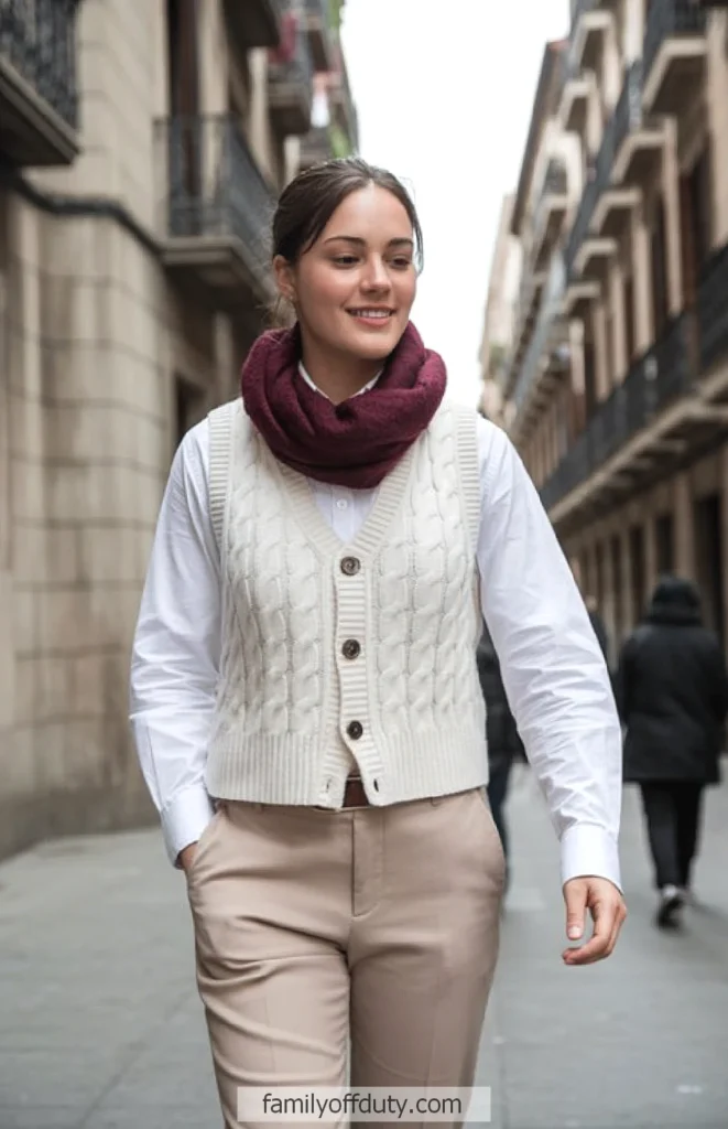 Woman in city street wearing a white shirt, knit vest, and maroon scarf, smiling and walking confidently.