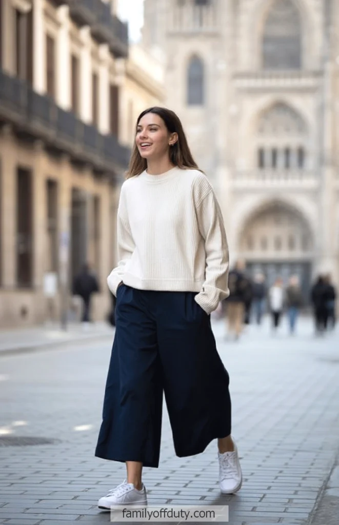 Smiling woman in casual outfit walks on city street with historic architecture in background.