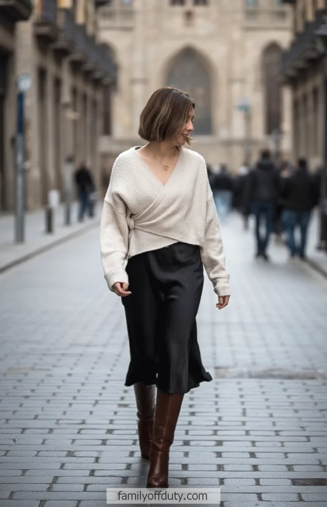 Woman in a cozy sweater and skirt walking down a cobblestone street, blending urban style with casual elegance.