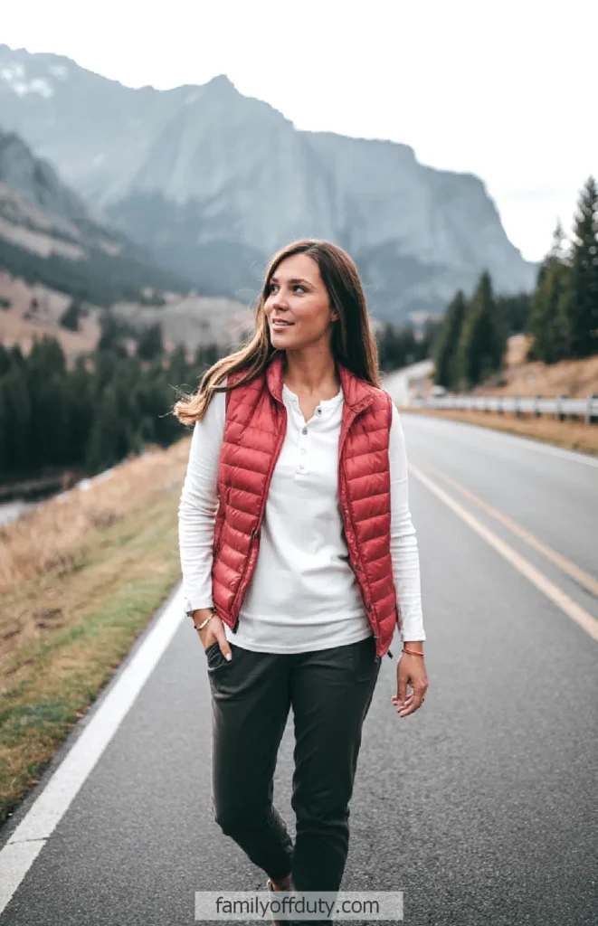 Woman in red vest walking on scenic mountain road, enjoying outdoor adventure.